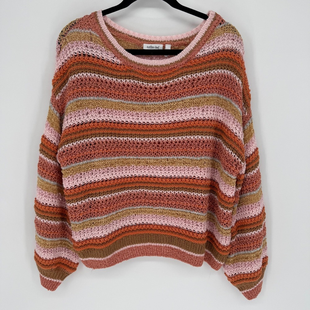 WILLOW & ROOT LOOSE KNIT CROCHET BALLOON SLEEVE SWEATER CREW NECK‎ SMALL